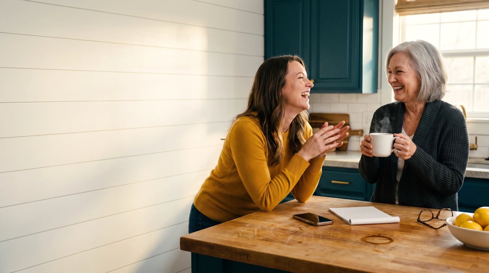 A laughing woman in a mustard yellow sweater leaning on a butcher-block kitchen island and talking with a smiling gray-haired woman in a charcoal cardigan who holds a steaming white mug, with deep teal cabinets, a phone, a notepad, reading glasses, and a bowl of lemons