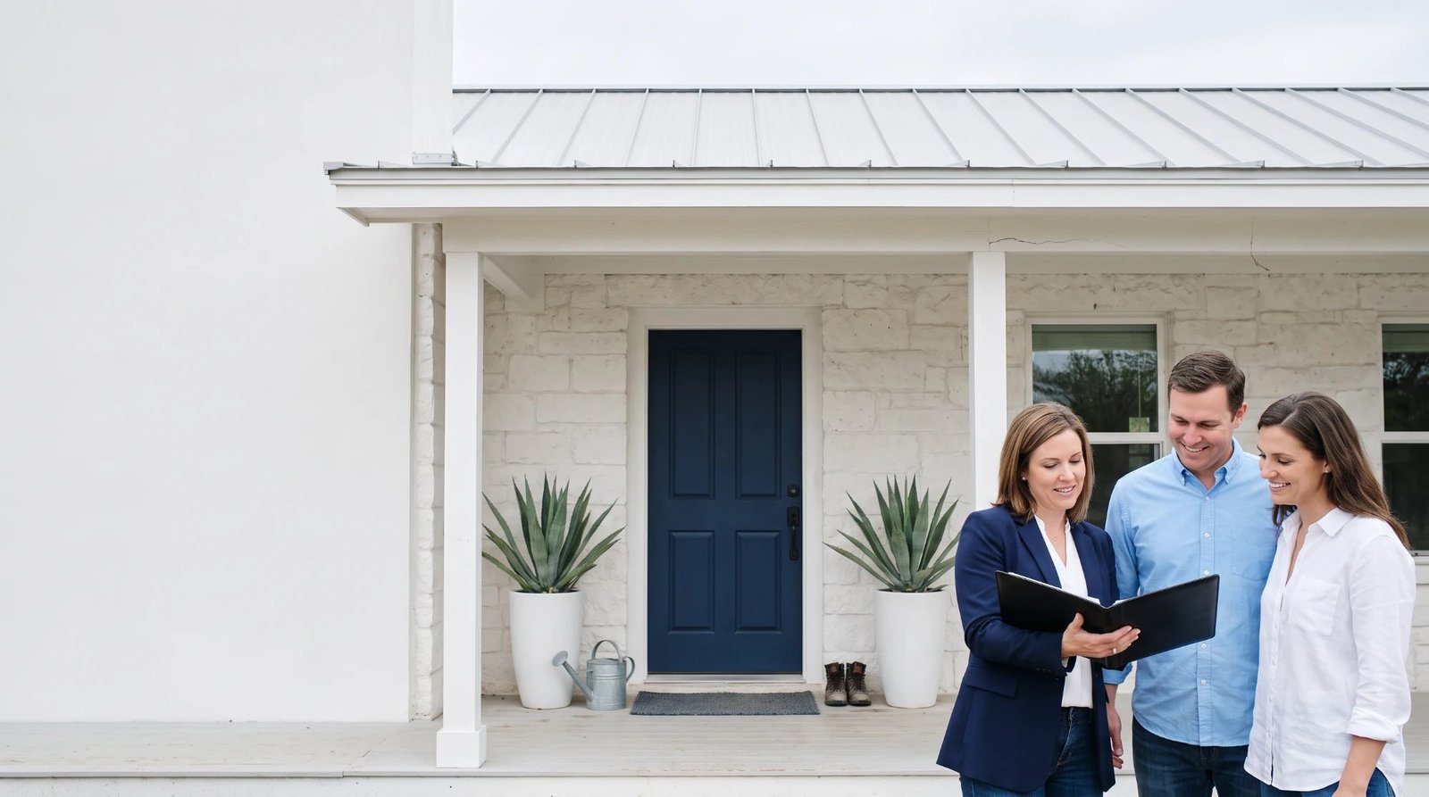 A real estate agent in a navy blazer holding an open black folio while a smiling couple in sky blue and white shirts look at it, in front of a white limestone ranch home with a navy front door, a metal roof, and two agave plants in white planters